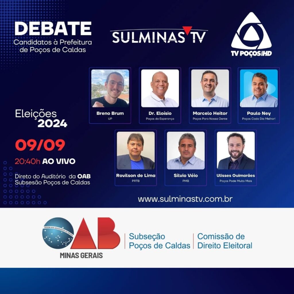 Sulminas TV, OAB e TV Poços promovem debate com candidatos à Prefeitura de Poços de Caldas na segunda-feira (9)